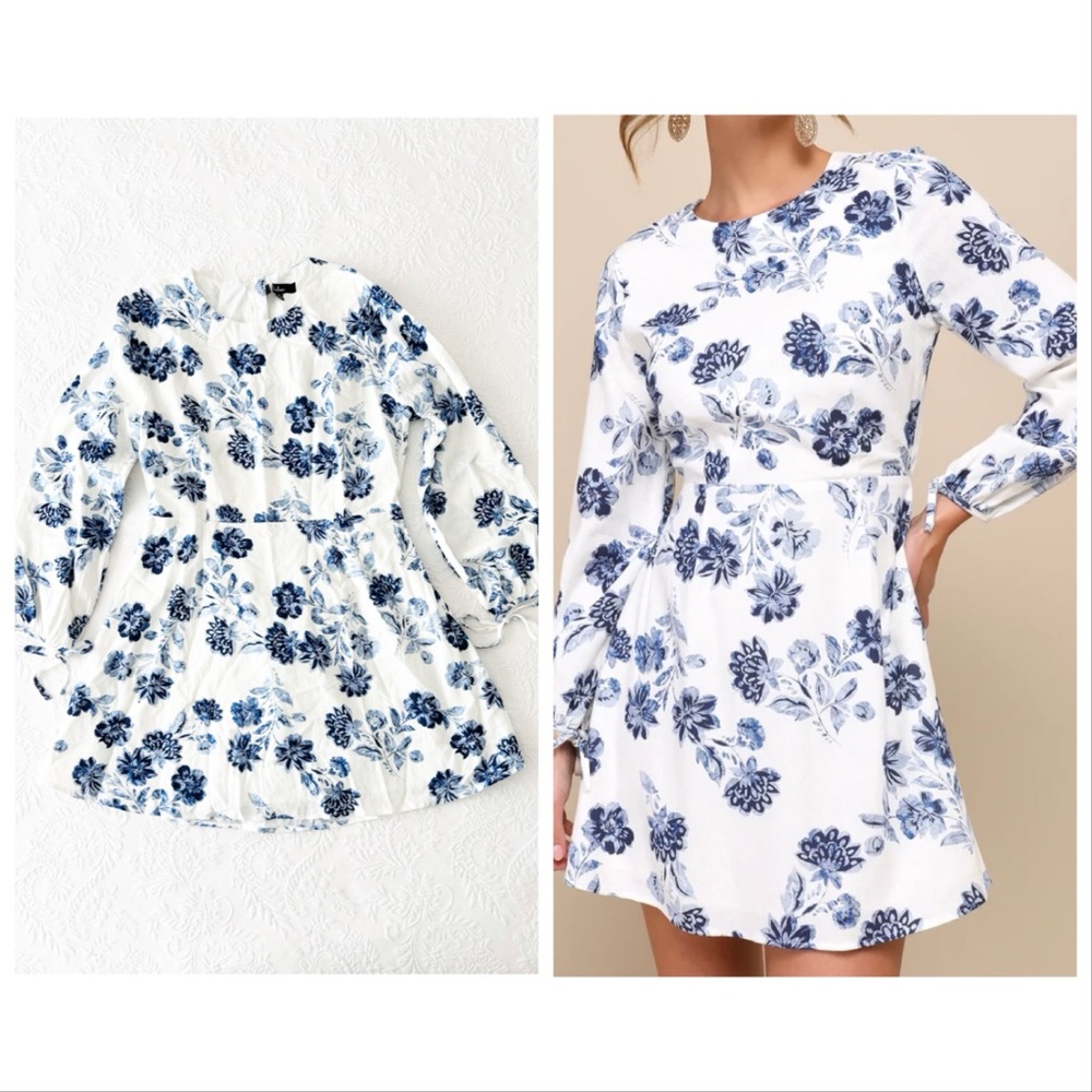 NWOT Lulus Darling Simplicity White and Blue Floral Linen Cutout Mini Dress XL